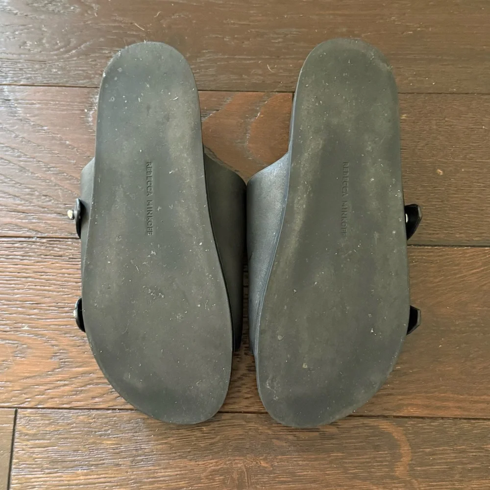 Rebecca Minkoff Black Leather Slide Sandals with Silver Accents - Picture 7 of 7